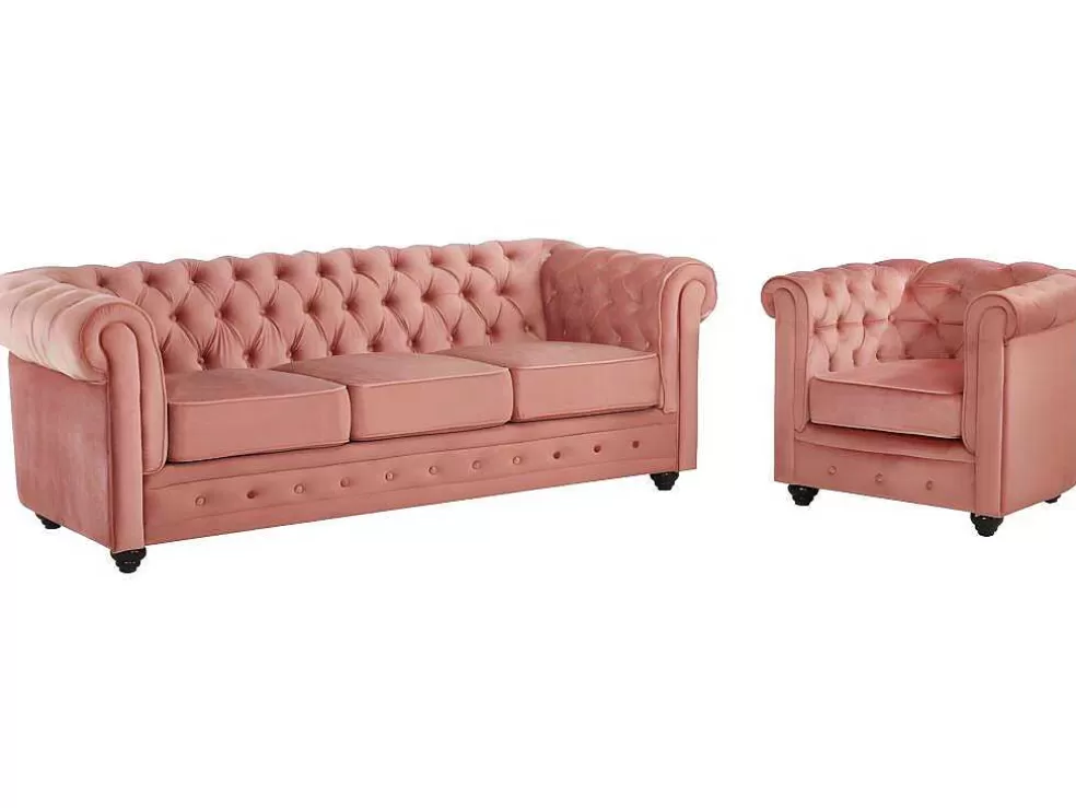 Best Driezitsbank En Fauteuil Chesterfield - Fluweel - Pastel Roze Set Zitbank + Fauteuil