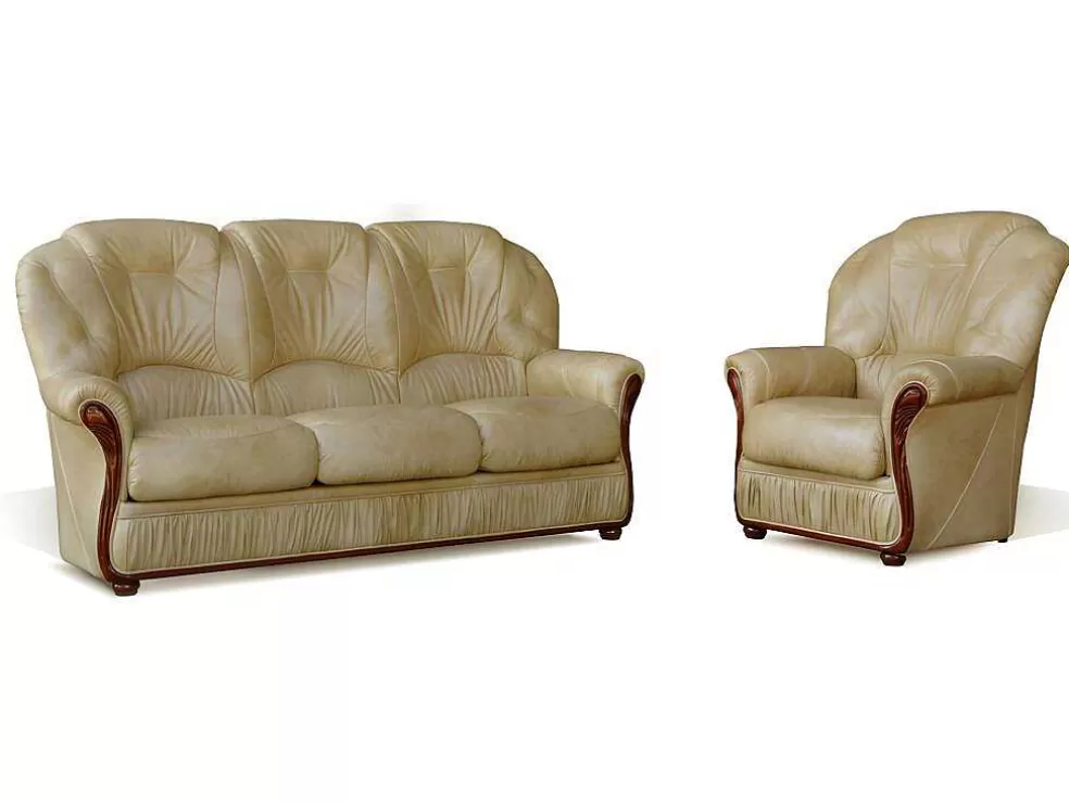 Shop Driezitsbank En Fauteuil Daphne Van 100% Buffel Leer - Beige Set Zitbank + Fauteuil