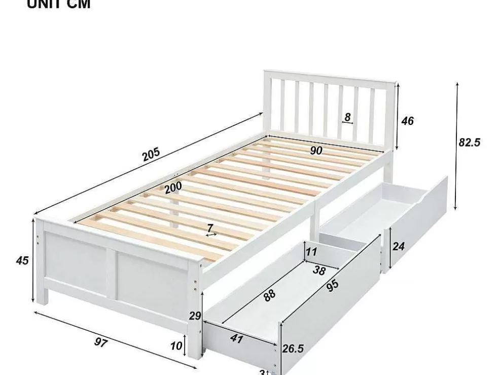 Cheap Eenpersoonsbed 90X200Cm In Massief Hout Met 2 Laden - Wit Tweepersoonsbed