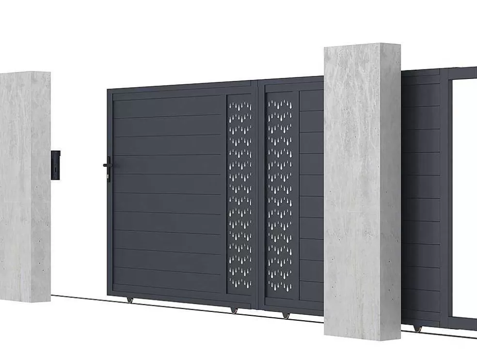 Clearance Elektrische Schuifpoort Van Aluminium Met Motieven - Halfopengewerkt - L.416 X H.180 Cm - Antraciet - Gregor Hekjes & Poorten