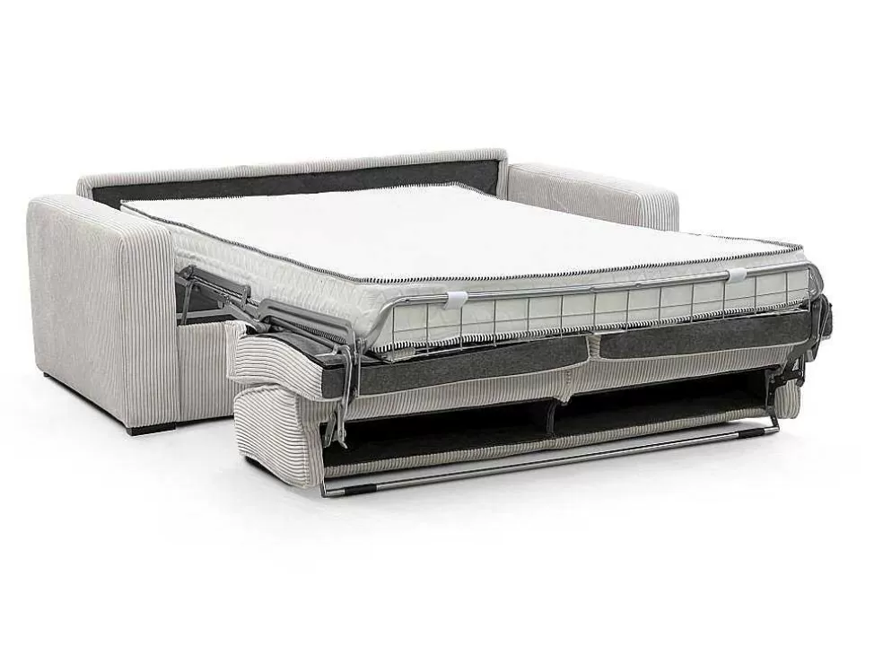 Online Express-Driezitsslaapbank Van Beige Ribfluweel - Bed Met Brede Latten 140 Cm - Matras 18 Cm - Mondovi Slaapbank Met Matras
