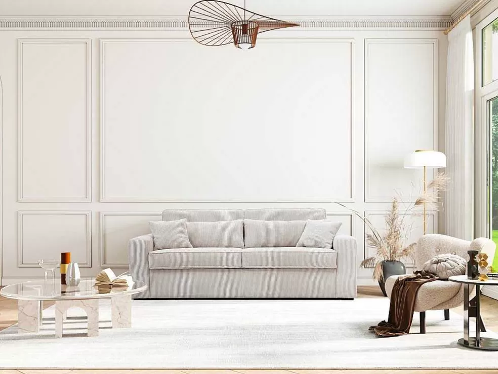 New Express-Vierzitsslaapbank Van Beige Ribfluweel - Bed Met Brede Latten 160 Cm - Matras 14 Cm - Mondovi Slaapbank Met Matras