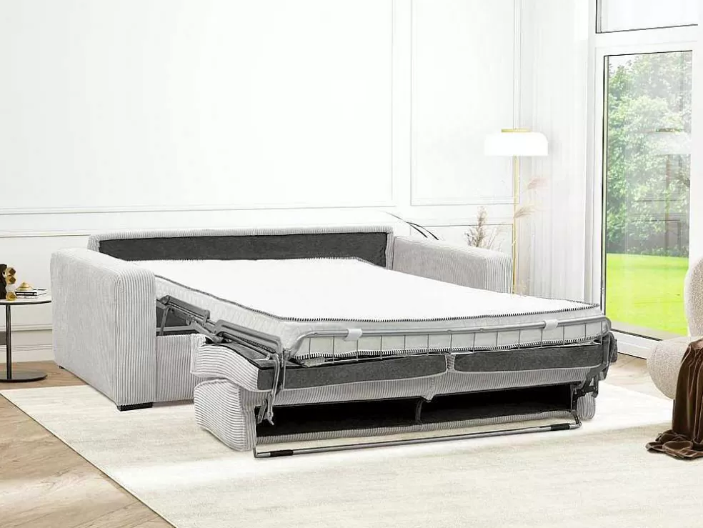 New Express-Vierzitsslaapbank Van Beige Ribfluweel - Bed Met Brede Latten 160 Cm - Matras 14 Cm - Mondovi Slaapbank Met Matras