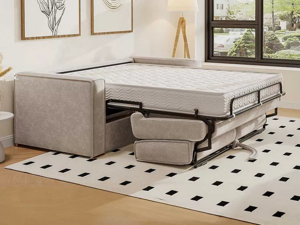 Fashion Express-Vierzitsslaapbank Van Beige Ribfluweel - Bed Met Brede Latten 160 Cm - Matras 22 Cm Loreto Slaapbank Met Matras
