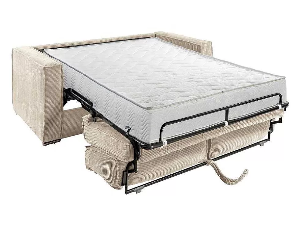Fashion Express-Vierzitsslaapbank Van Beige Ribfluweel - Bed Met Brede Latten 160 Cm - Matras 22 Cm Loreto Slaapbank Met Matras