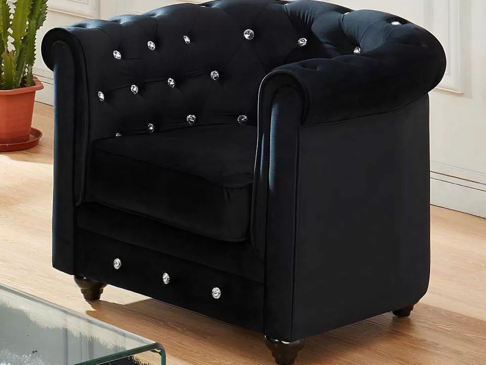 Shop Fauteuil Chesterfield - Fluweel - Zwart Met Kristallen Knopen Fauteuil Stof