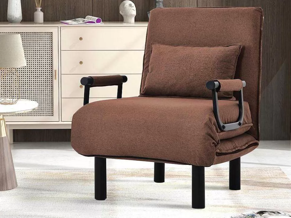 Sale Fauteuil Met Kussen En Verstelbare Rugleuning - Om Te Bouwen Tot Fauteuil - Linnen Stof - Bruin Uitklapbare Fauteuil