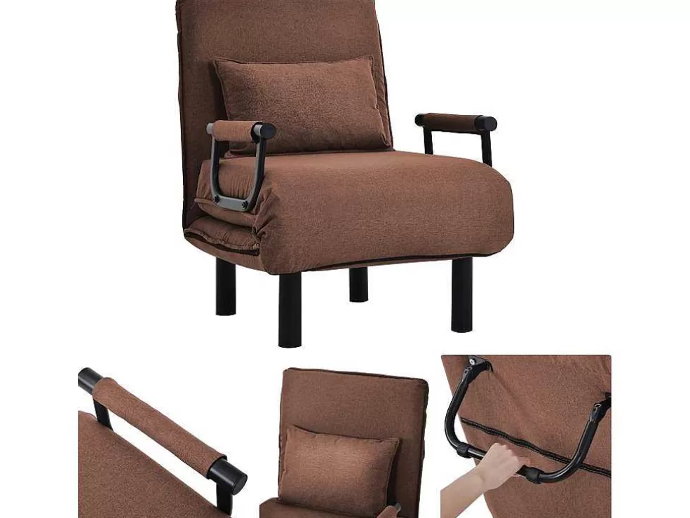 Sale Fauteuil Met Kussen En Verstelbare Rugleuning - Om Te Bouwen Tot Fauteuil - Linnen Stof - Bruin Uitklapbare Fauteuil