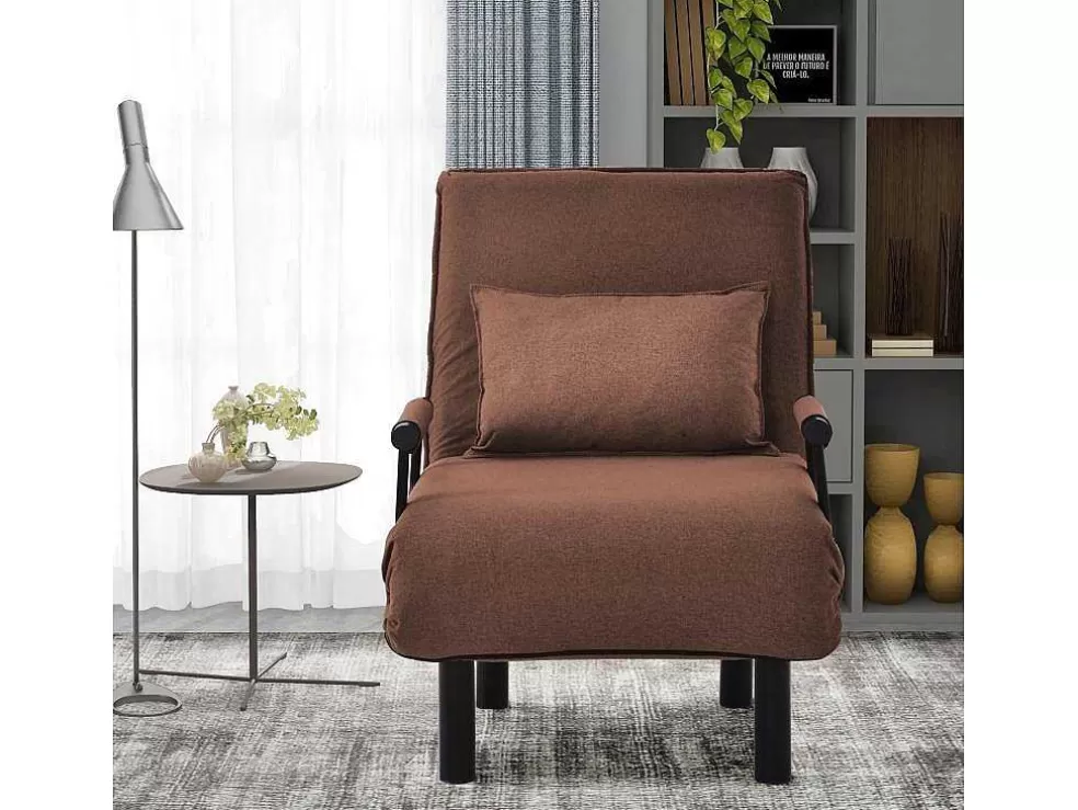 Sale Fauteuil Met Kussen En Verstelbare Rugleuning - Om Te Bouwen Tot Fauteuil - Linnen Stof - Bruin Uitklapbare Fauteuil