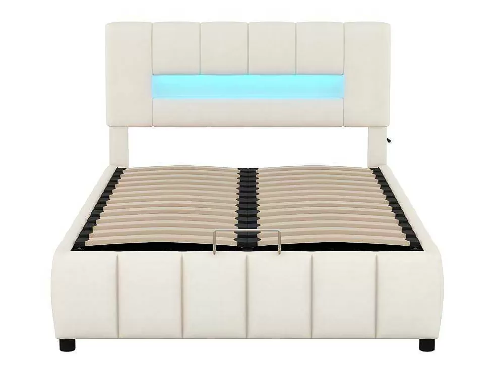 Cheap Fluwelen Opbergbed Met Led En Lattenbodem - 140X200Cm - Beige Fluwelen Bed