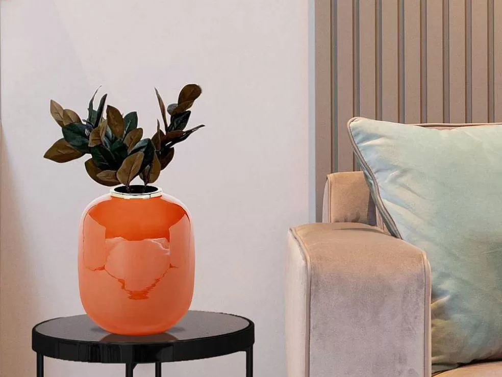Discount Geemailleerde Metalen Vaas - D. 29 X H. 36 Cm - Messing Afwerking - Terracotta - Klaudia Decoratieobject Voor Binnen
