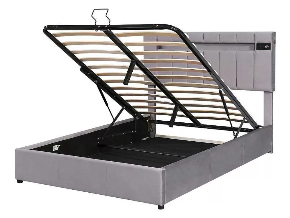 New Gestoffeerd Opbergbed 140X200Cm - Fluwelen Stof - Met Led En Bluetooth Speler - Grijs Fluwelen Bed