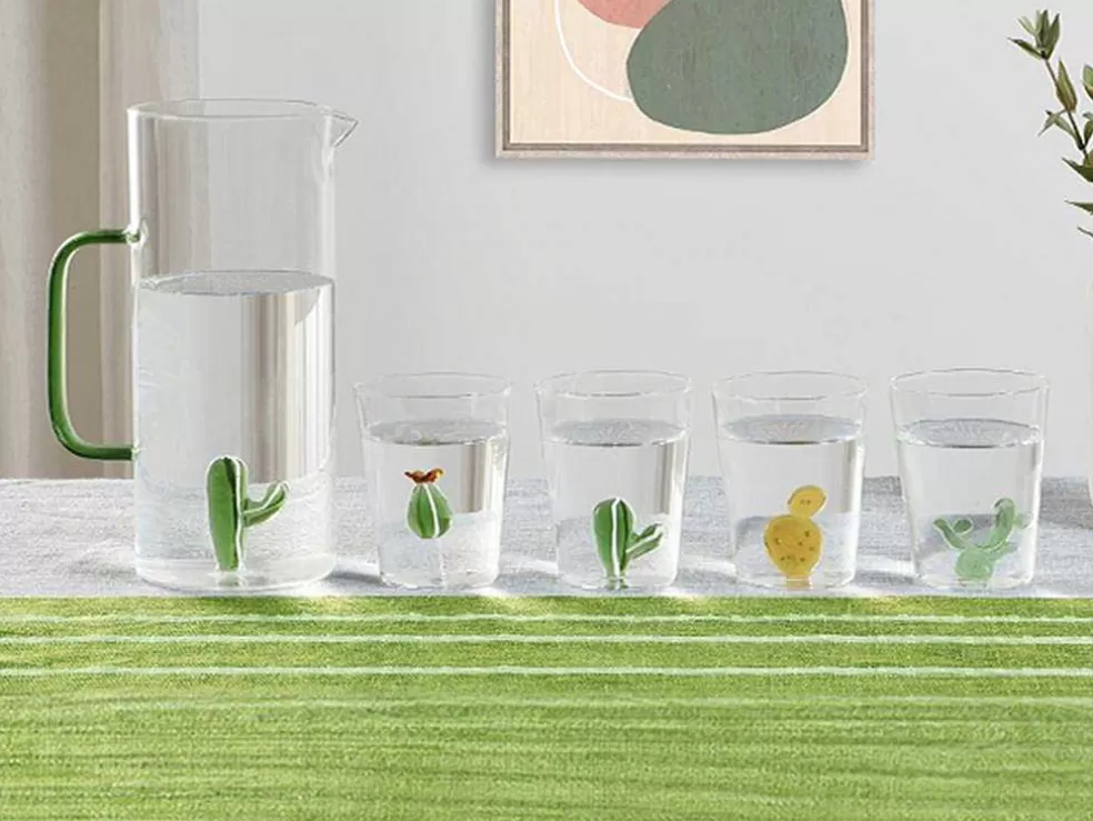 Clearance Glazen Karaf Met Cactus - Transparant En Groen - O14,5 X H24 Cm - Olata Tafelservies