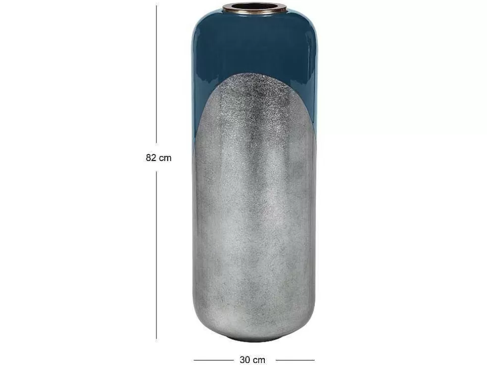 Sale Grote Geemailleerde Metalen Vaas - D. 30 X H. 82 Cm - Zwart Met Bladzilver - Perlin Decoratieobject Voor Binnen