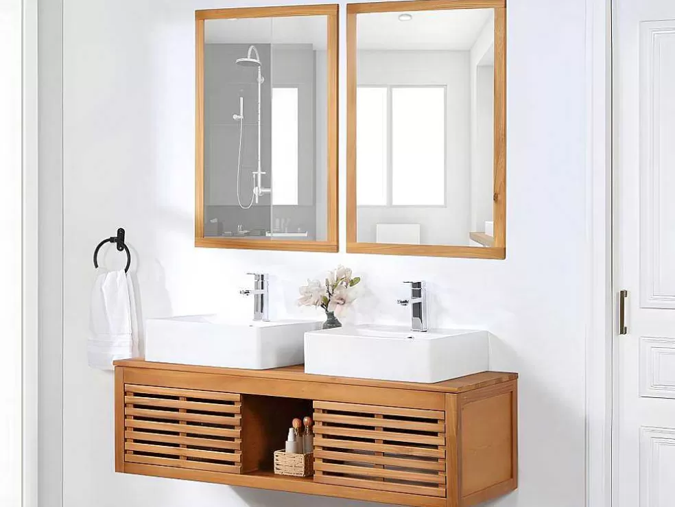 Sale Hangend Badkamermeubel Van Acaciahout Met Dubbele Wastafel En Spiegels - 130 Cm - Penebel Dubbele Wastafel