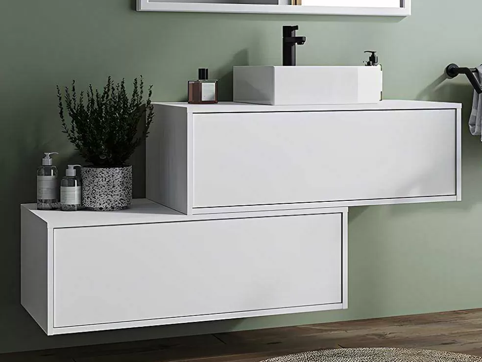 Best Hangende Badkamerkast In Wit Met Enkele Wastafel En Twee Lades - 94 Cm - Teana Ii Badkamermeubel Met Enkele Wastafel