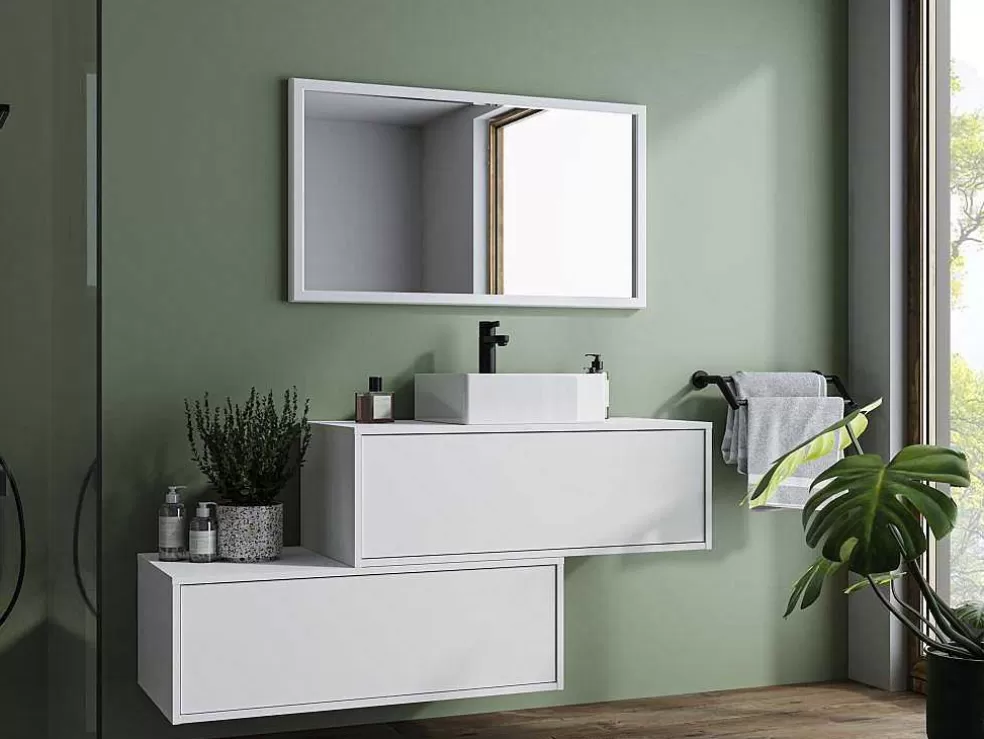 Best Hangende Badkamerkast In Wit Met Enkele Wastafel En Twee Lades - 94 Cm - Teana Ii Badkamermeubel Met Enkele Wastafel