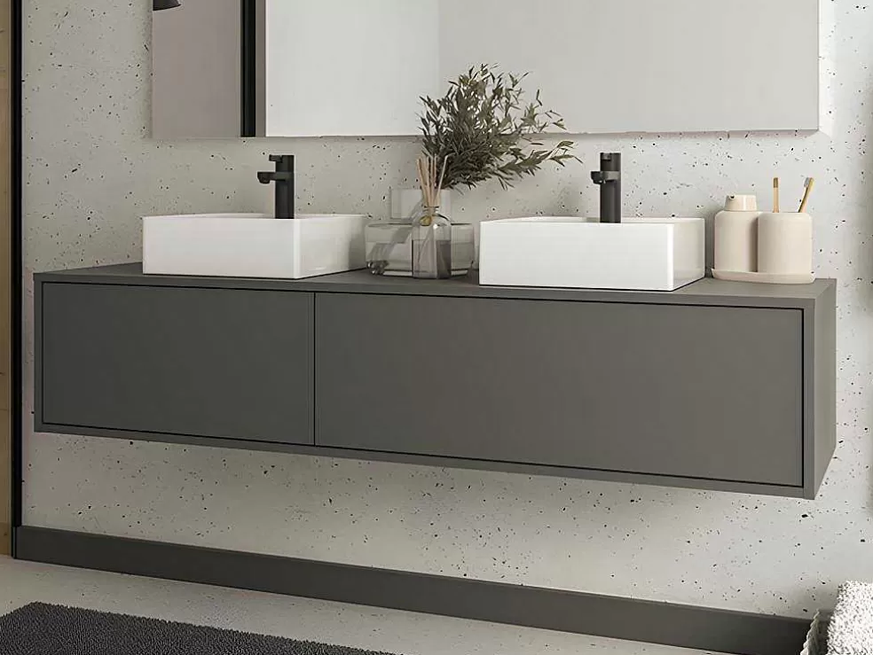 Store Hangende Badkamermeubel In Antracietgrijze Kleur Met Dubbele Wastafel - L150 Cm - Isaure Ii Dubbele Wastafel