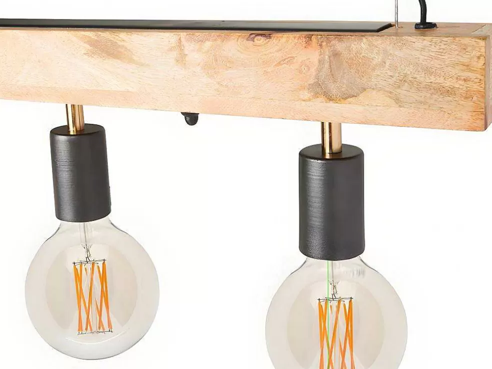 Best Sale Hanglamp Van Hout Julbo Met 5 Lampen In Industriele Stijl - Hout En Metaal - H17,5 X L100 Cm - Naturel En Zwart Hanglamp