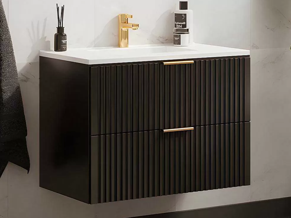 New Hangmeubel Voor Badkamer Met Strepen Met Inbouwwastafel - Zwart - 80 Cm - Zevara Badkamermeubel Met Enkele Wastafel