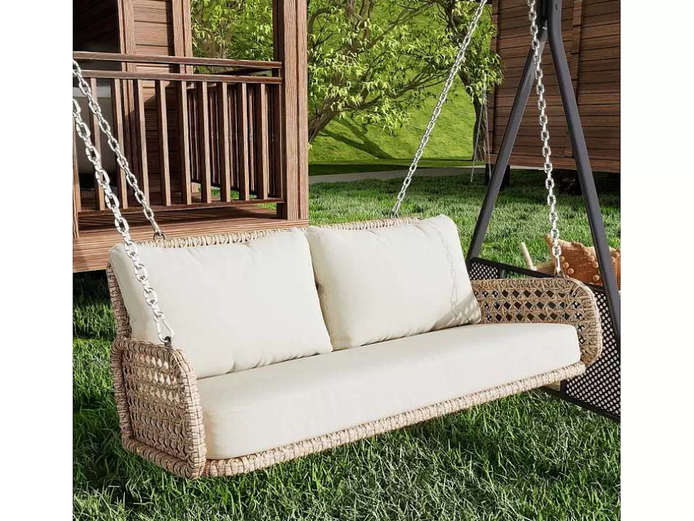 Best Sale Hangstoel Van 240 Cm In Pe Rotan - 2 Plaatsen - Inclusief Kussens - Beige Hangstoel