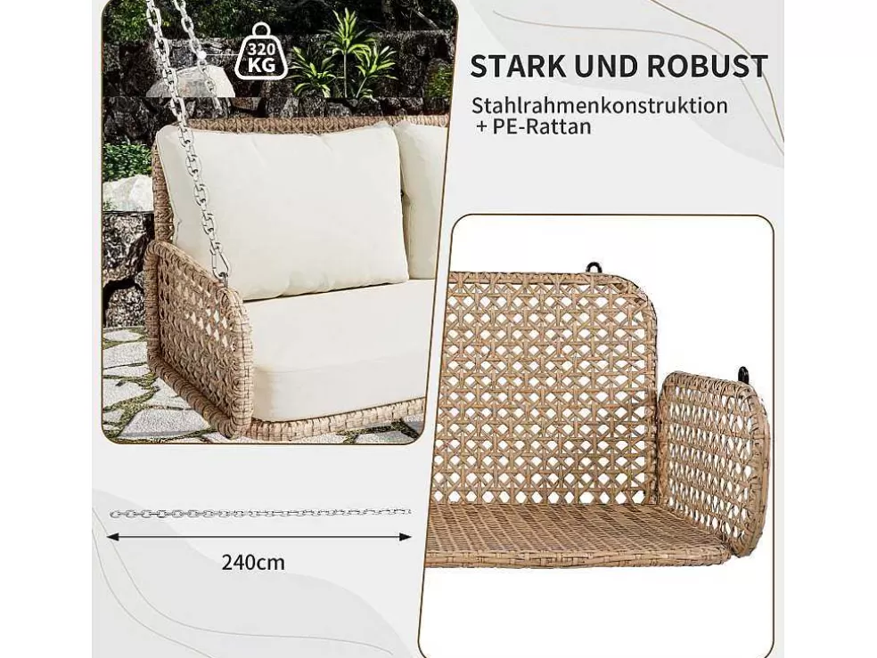 Best Sale Hangstoel Van 240 Cm In Pe Rotan - 2 Plaatsen - Inclusief Kussens - Beige Hangstoel