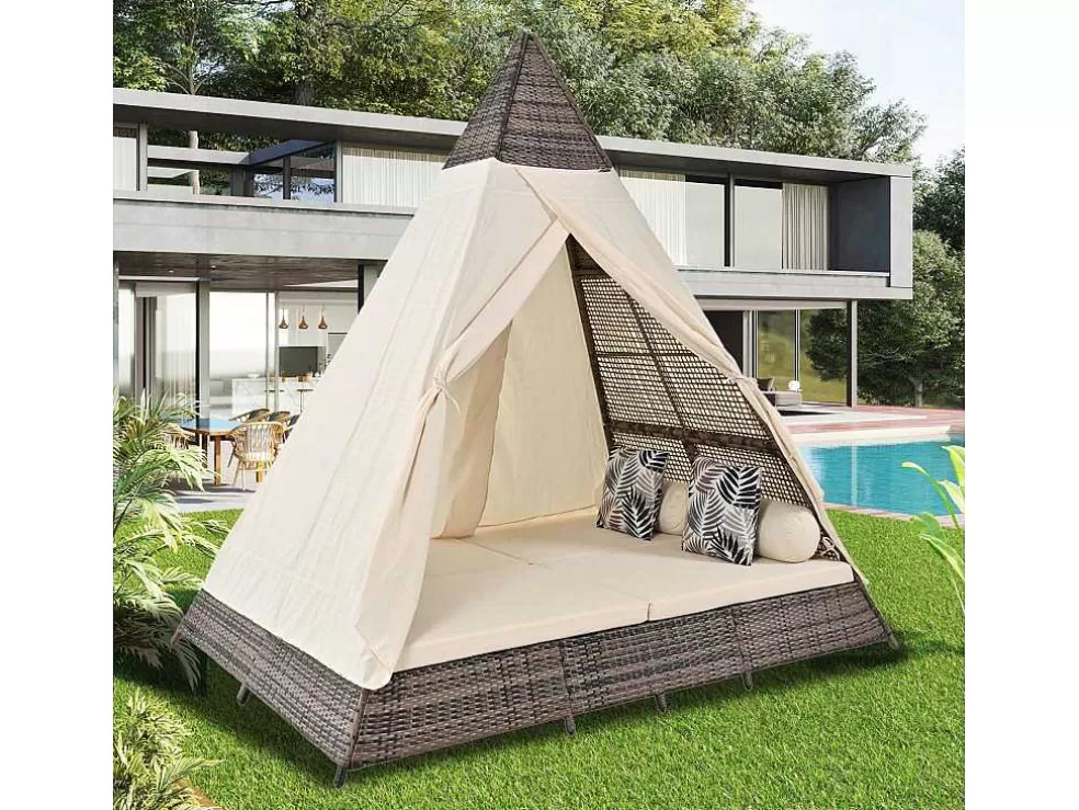 Store Hemel Tuinbed 2 Tot 4 Plaatsen - Grijs Rotan En Beige Deurgordijn - Inclusief Kussens - Voor Buiten Ligstoel