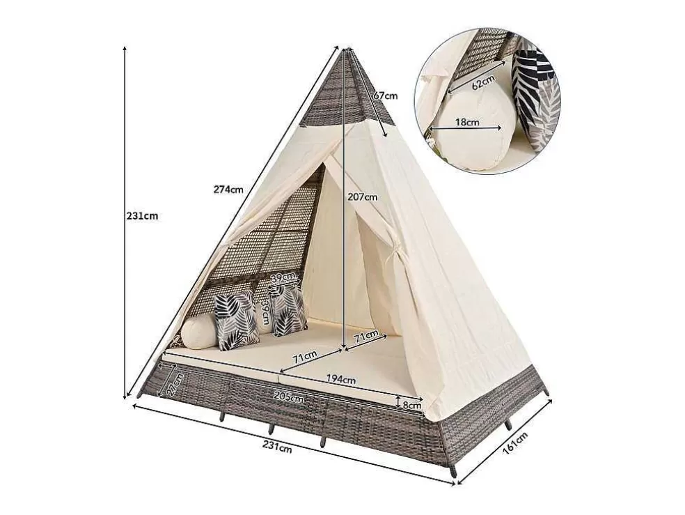 Store Hemel Tuinbed 2 Tot 4 Plaatsen - Grijs Rotan En Beige Deurgordijn - Inclusief Kussens - Voor Buiten Ligstoel