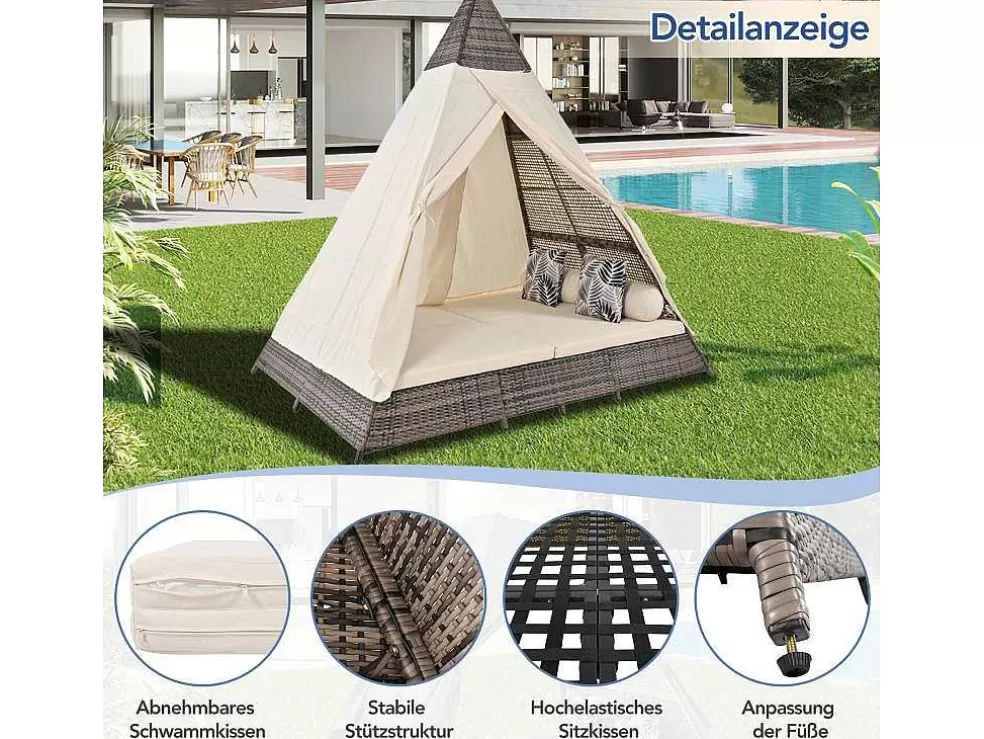 Store Hemel Tuinbed 2 Tot 4 Plaatsen - Grijs Rotan En Beige Deurgordijn - Inclusief Kussens - Voor Buiten Ligstoel