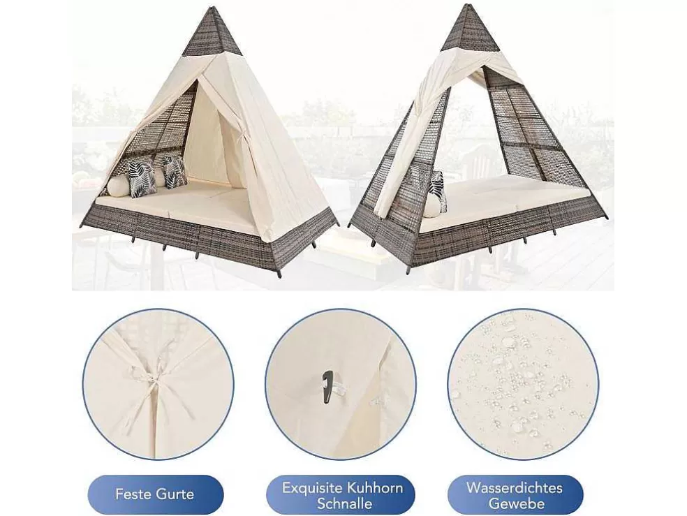 Store Hemel Tuinbed 2 Tot 4 Plaatsen - Grijs Rotan En Beige Deurgordijn - Inclusief Kussens - Voor Buiten Ligstoel