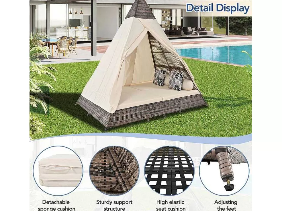 Store Hemel Tuinbed 2 Tot 4 Plaatsen - Grijs Rotan En Beige Deurgordijn - Inclusief Kussens - Voor Buiten Ligstoel