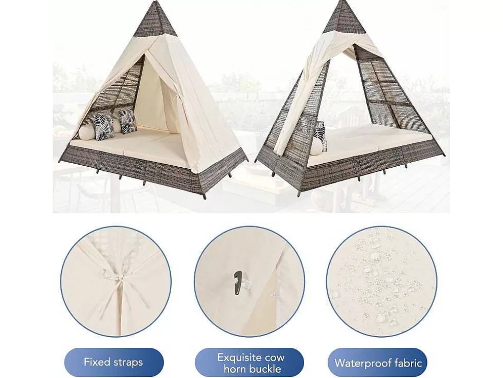 Store Hemel Tuinbed 2 Tot 4 Plaatsen - Grijs Rotan En Beige Deurgordijn - Inclusief Kussens - Voor Buiten Ligstoel