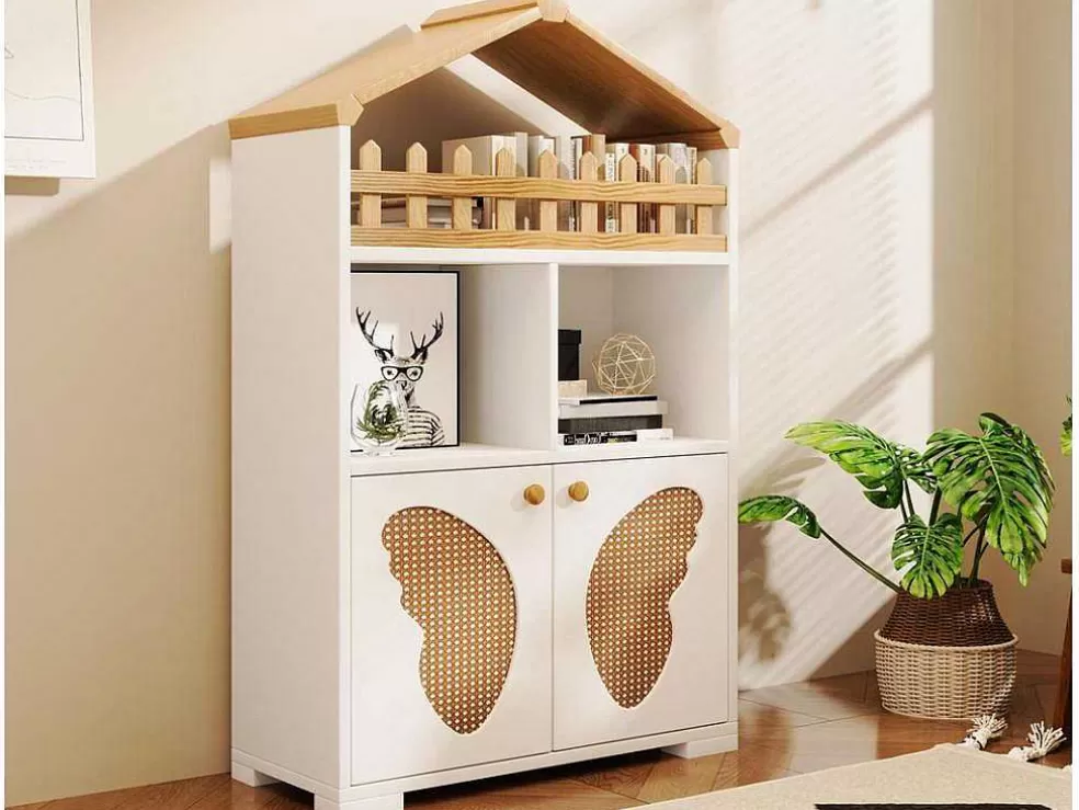 Best Hoog Dressoir - 2 Vakken En 2 Vlindervormige Deuren - Wit & Naturel Buffetkast