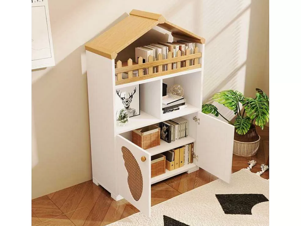 Best Hoog Dressoir - 2 Vakken En 2 Vlindervormige Deuren - Wit & Naturel Buffetkast
