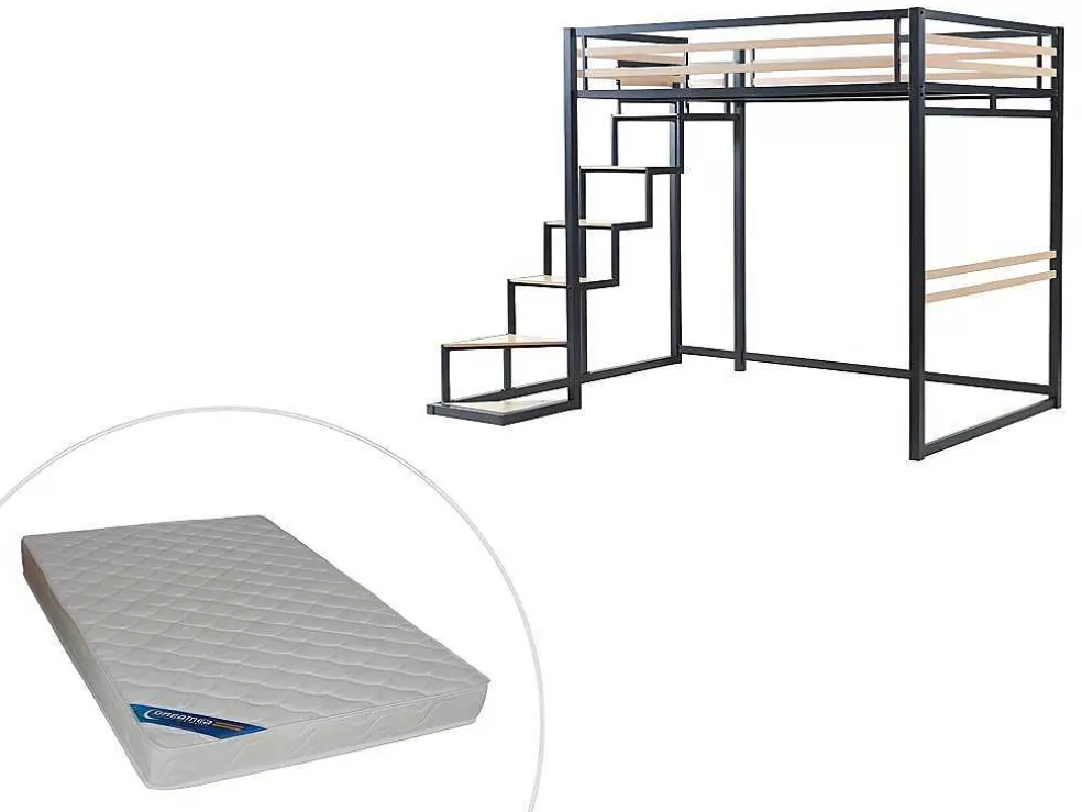 Discount Hoogslaper 140 X 200 Cm - Metaal En Mdf - Zwart En Naturel + Matras - Jogui Aanbiedingen: Slaapkamer & Kantoor