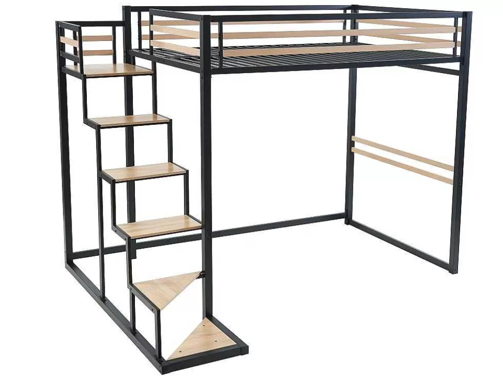 Discount Hoogslaper 140 X 200 Cm - Metaal En Mdf - Zwart En Naturel + Matras - Jogui Aanbiedingen: Slaapkamer & Kantoor