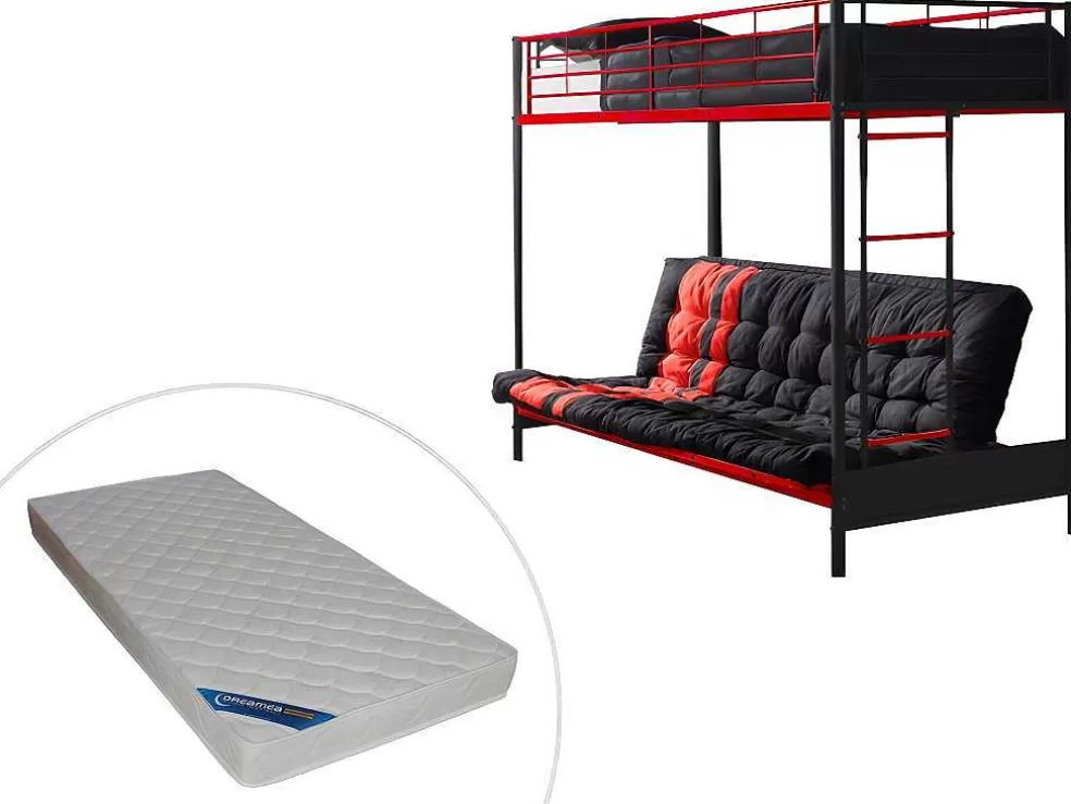 Discount Hoogslaper 90 X 190 Cm - Met Slaapbank - Metaal - Zwart En Rood + Futon + Matras - Modulo V Kinderbed Hoogslaper