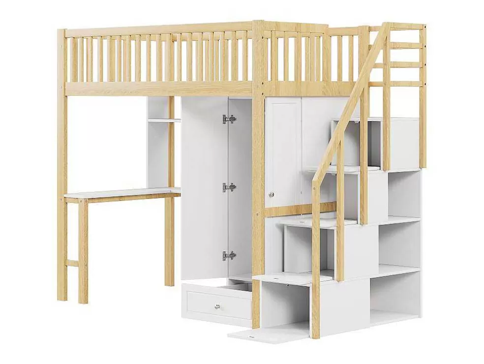 Cheap Hoogslaper 90 X 200 Cm Met Grote Kledingkast, Bureau, Boekenkast, Trap En Lades, Alles-In-Een, Mdf Hout, Wit + Eiken Kinderbed Hoogslaper