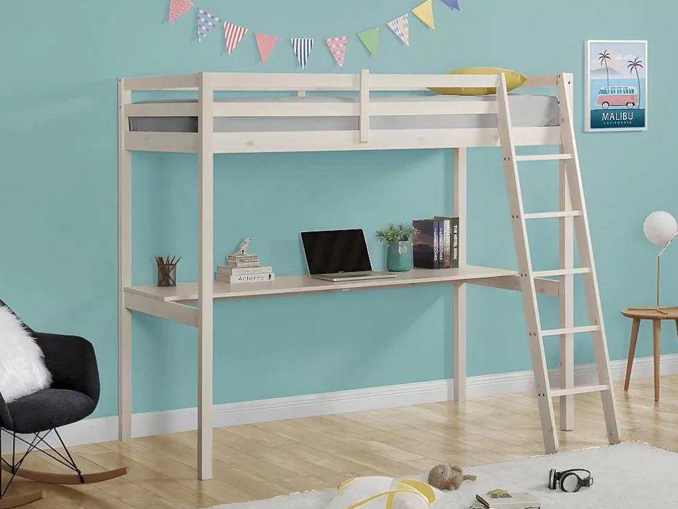 Store Hoogslaper Gedeon Ii - 90 X 190 Cm - Met Bureau - Massief Grenen - Gebleekt + Matras Kinderbed Hoogslaper