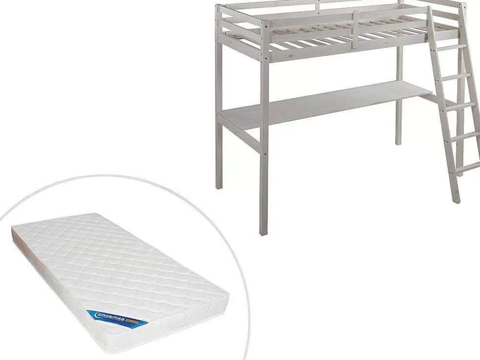 Store Hoogslaper Gedeon Ii - 90 X 190 Cm - Met Bureau - Massief Grenen - Gebleekt + Matras Kinderbed Hoogslaper