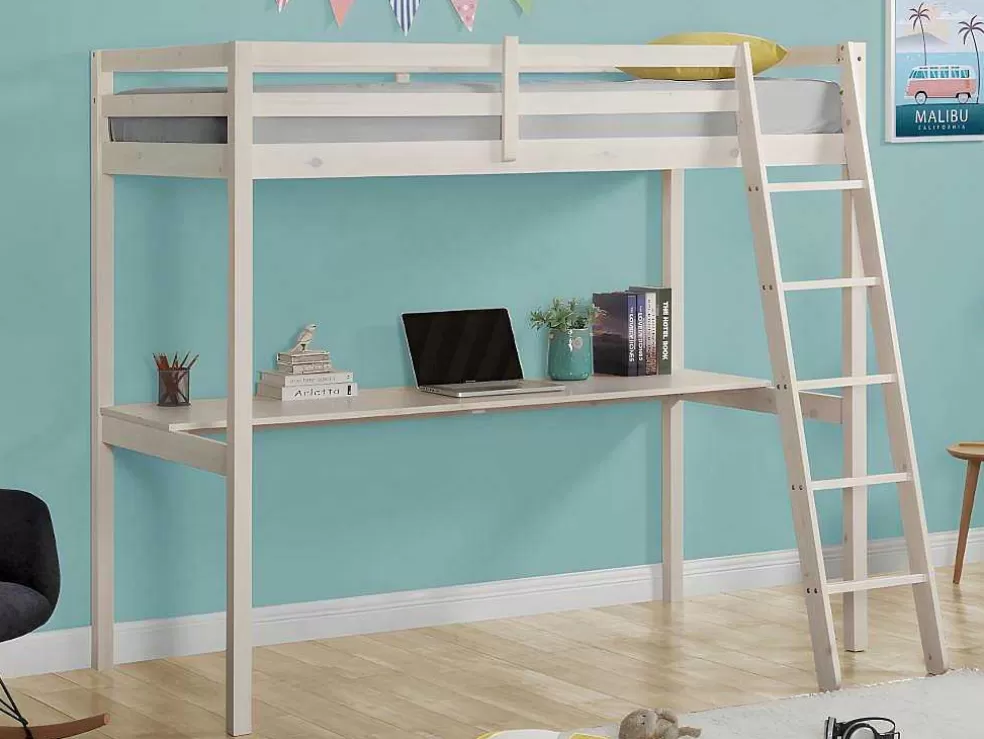 Store Hoogslaper Gedeon Ii - 90 X 190 Cm - Met Bureau - Massief Grenen - Gebleekt + Matras Kinderbed Hoogslaper