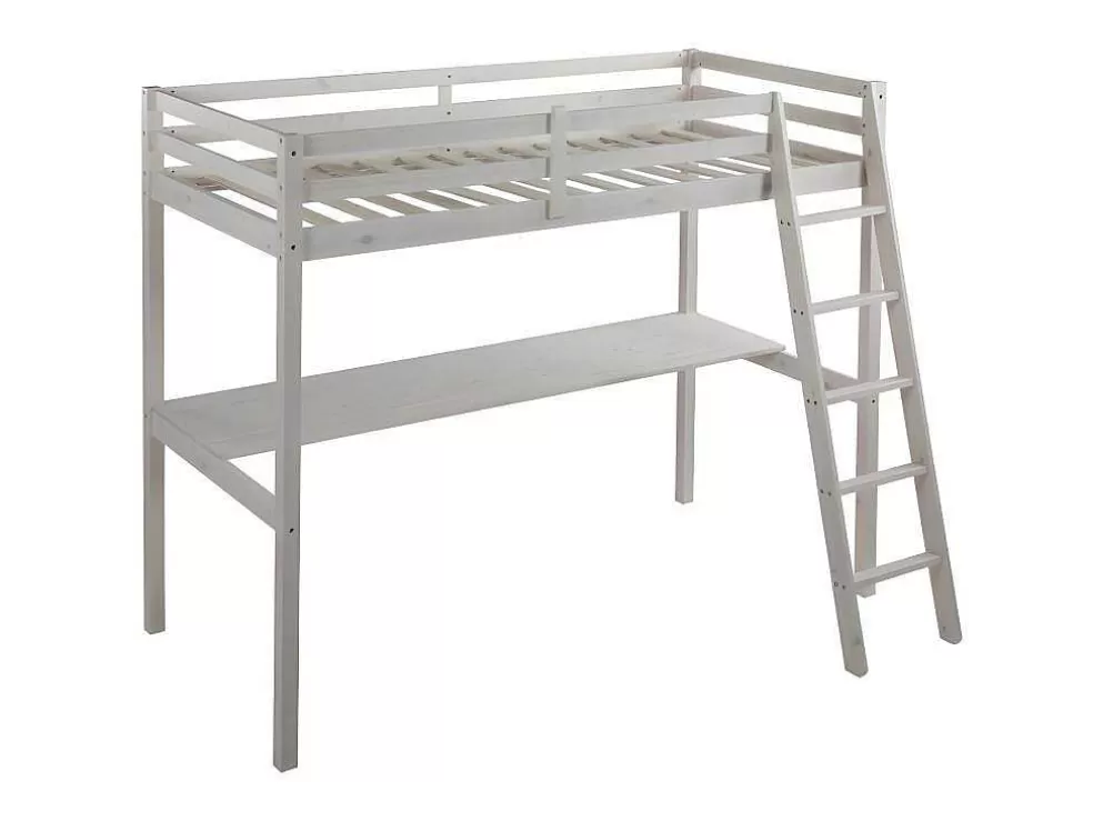Store Hoogslaper Gedeon Ii - 90 X 190 Cm - Met Bureau - Massief Grenen - Gebleekt + Matras Kinderbed Hoogslaper