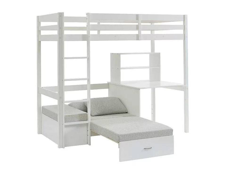 Discount Hoogslaper Goliath Ii Met Bureau, Bedbank En Opbergruimte - 90 X 200 Cm - Massief Grenen - Gebleekt Kinderbed