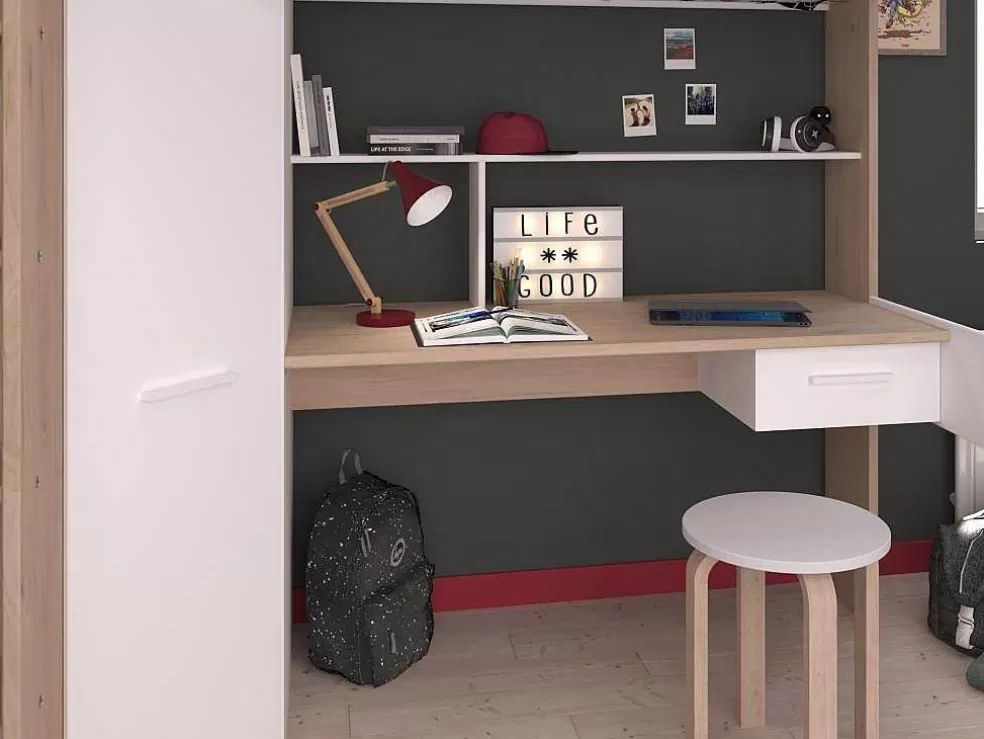 New Hoogslaper Met Bureau En Kast - 90 X 200 Cm - Wit En Naturel - Auckland Kinderbed Hoogslaper