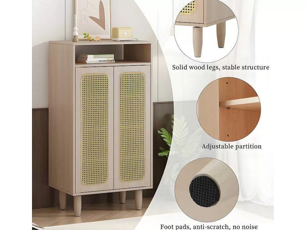 Shop Houten Schoenenkast - 2 Rotan Deuren En 3 Verstelbare Interne Planken - Naturel Schoenenkast