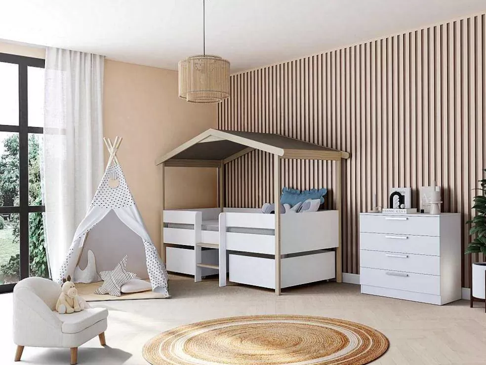 New Hutbed Sarosi Met Laden - 90 X 190 Cm - Linden - Wit En Eiken Kinderbed