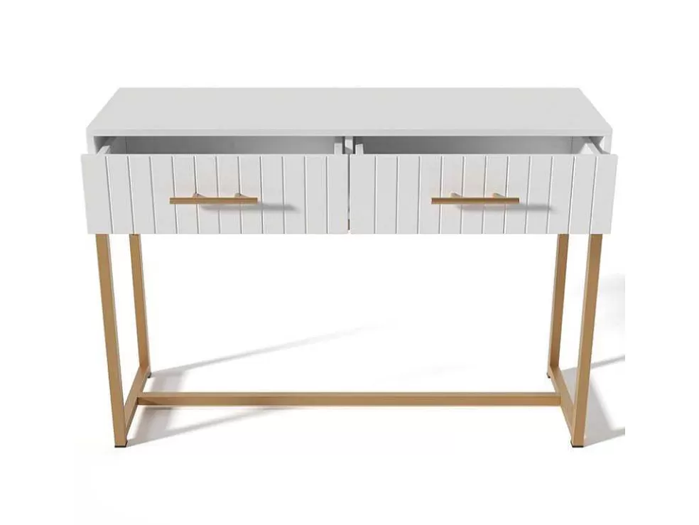 Hot Kaptafel Versierd Met Verticale Strepen - H 75 Cm - Met 2 Laden En Metalen Onderstel - Wit Kaptafels