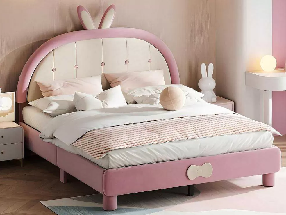 Fashion Kinderbed Bekleed Met Fluweel 140X200Cm - Met Lattenbodem - Roze Fluwelen Bed