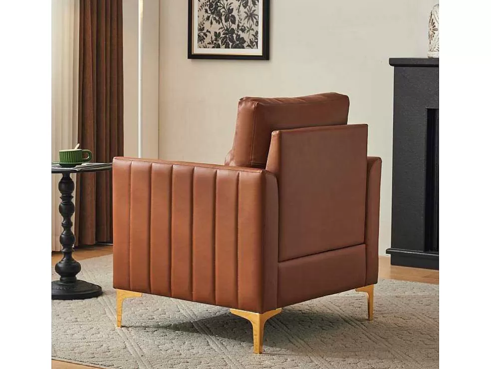 Shop Kunstleren Chesterfield Fauteuil Met Dik Kussen - Goud Metalen Poten - Bruin Fauteuil Leer