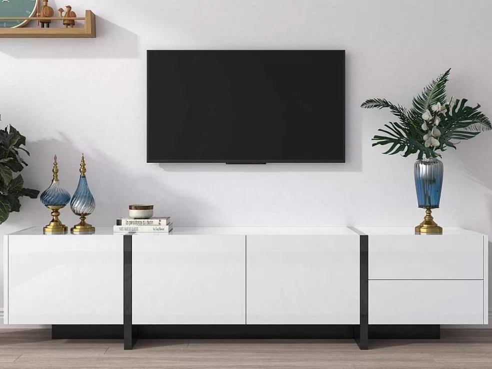 Flash Sale Modern Tv-Meubel 190Cm Met 3 Deuren En 2 Lades - Glanzend Wit & Zwart Tv-Meubel